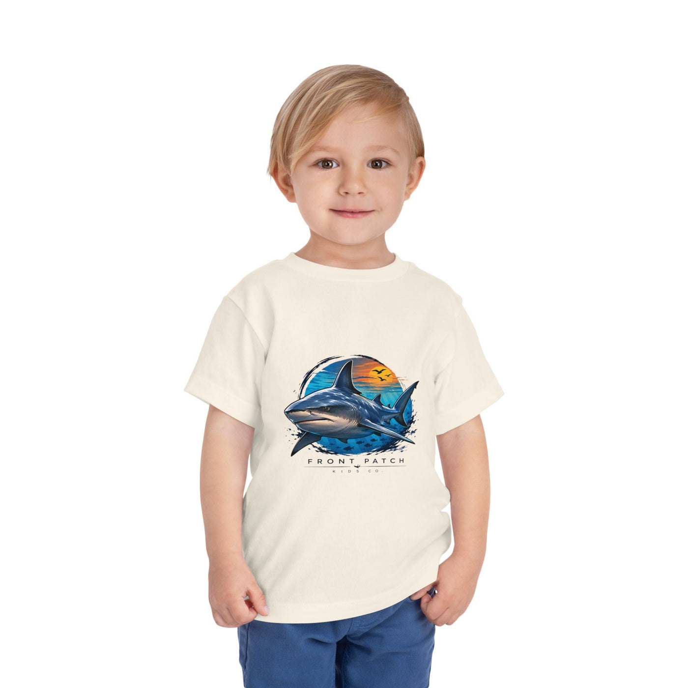 Toddler Tee — 'Front Patch' Surf Shark Graphic Sunset Kids Shirt - Front Patch Kids Co.