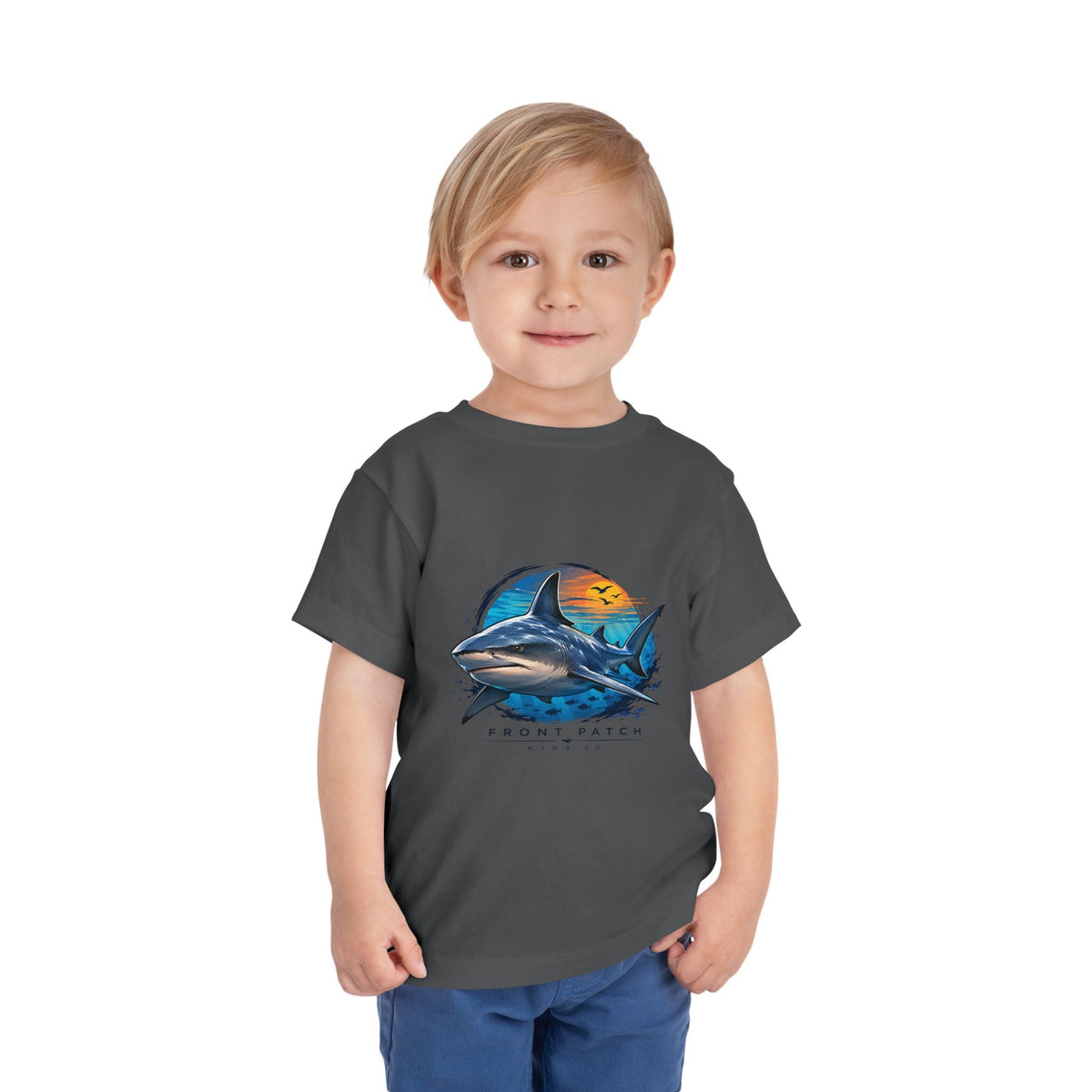 Toddler Tee — 'Front Patch' Surf Shark Graphic Sunset Kids Shirt - Front Patch Kids Co.