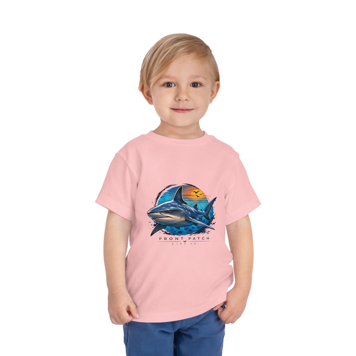 Toddler Tee — 'Front Patch' Surf Shark Graphic Sunset Kids Shirt - Front Patch Kids Co.