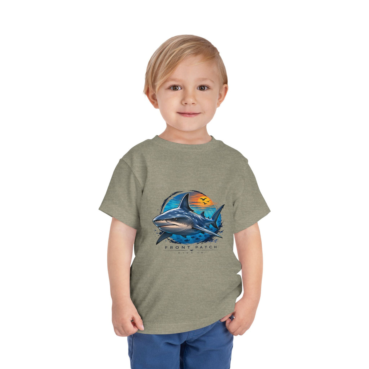 Toddler Tee — 'Front Patch' Surf Shark Graphic Sunset Kids Shirt - Front Patch Kids Co.