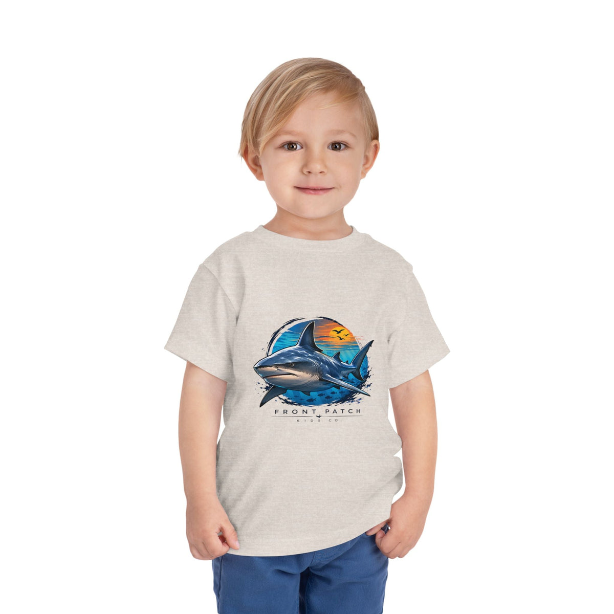 Toddler Tee — 'Front Patch' Surf Shark Graphic Sunset Kids Shirt - Front Patch Kids Co.