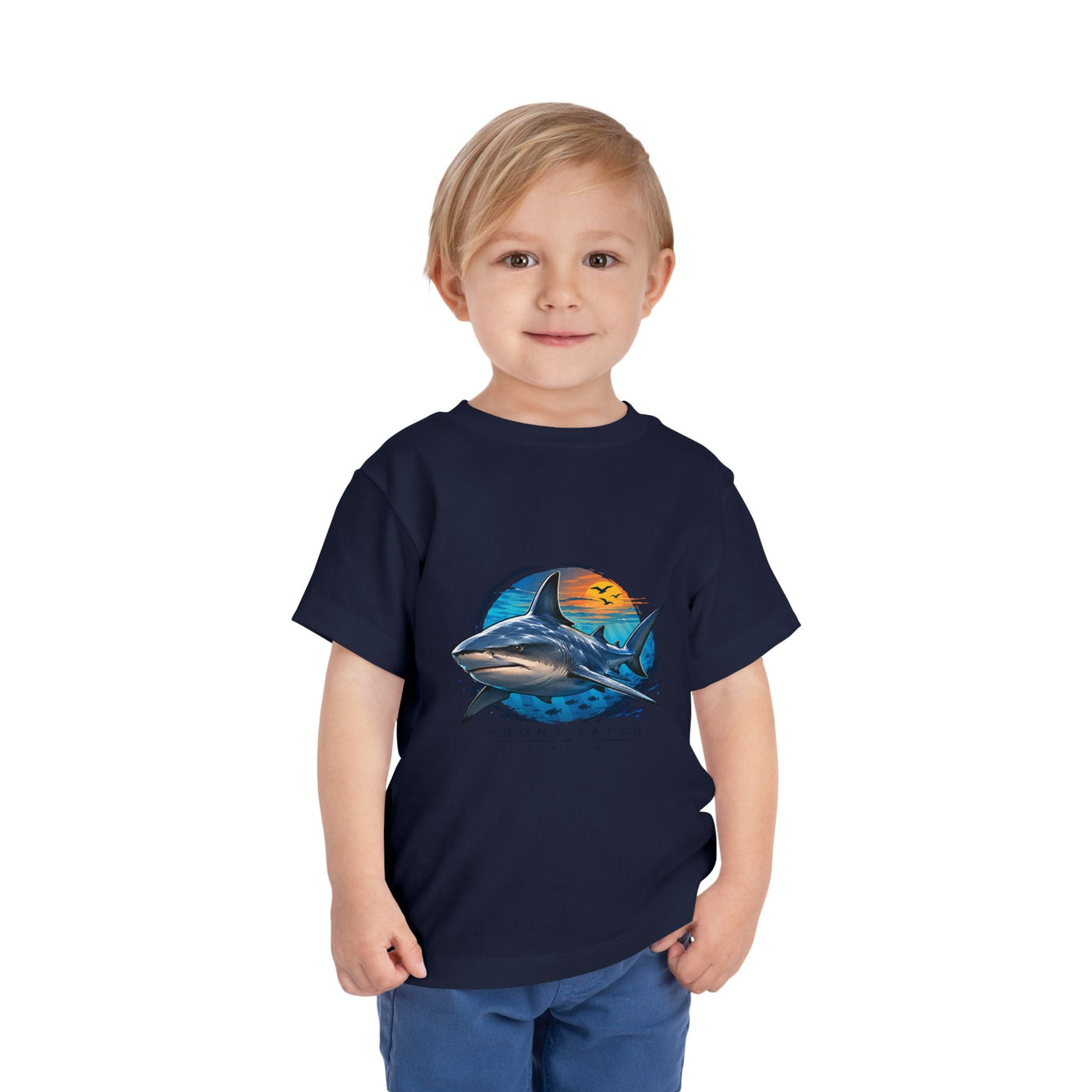 Toddler Tee — 'Front Patch' Surf Shark Graphic Sunset Kids Shirt - Front Patch Kids Co.