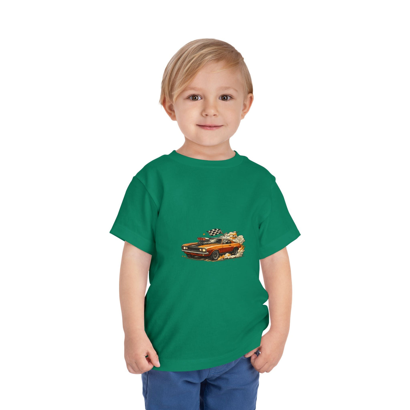 Toddler Tee — Vintage Muscle Car Cartoon with Checkered Flag - Front Patch Kids Co.