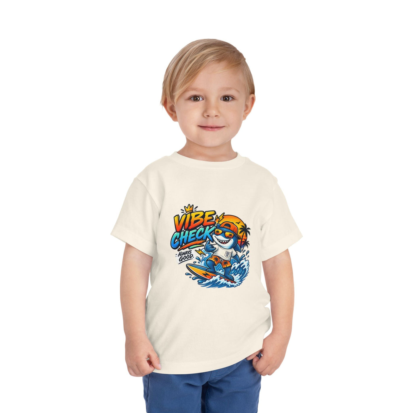 Vibe Check Surfing Shark Toddler Tee - Front Patch Kids Co.