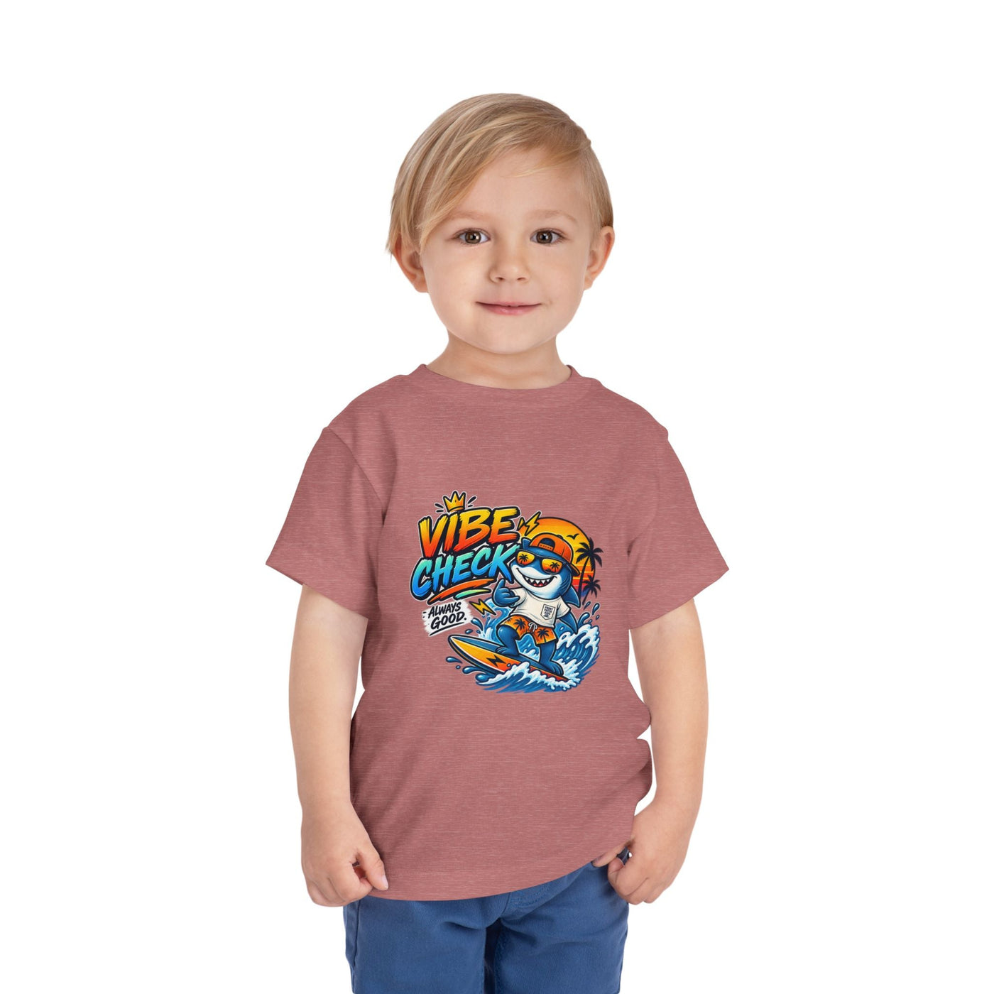 Vibe Check Surfing Shark Toddler Tee - Front Patch Kids Co.
