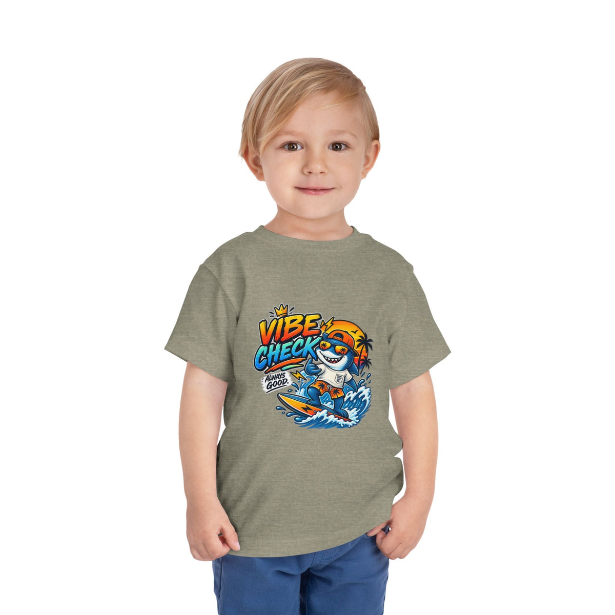 Vibe Check Surfing Shark Toddler Tee - Front Patch Kids Co.