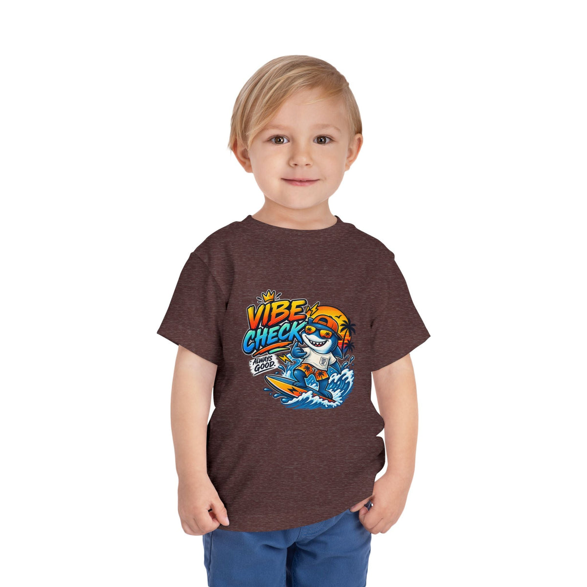 Vibe Check Surfing Shark Toddler Tee - Front Patch Kids Co.