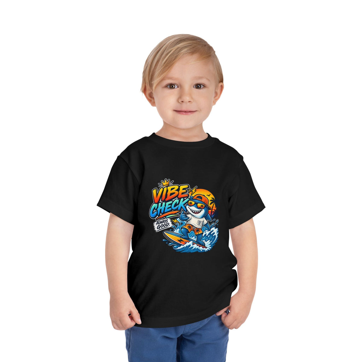 Vibe Check Surfing Shark Toddler Tee - Front Patch Kids Co.