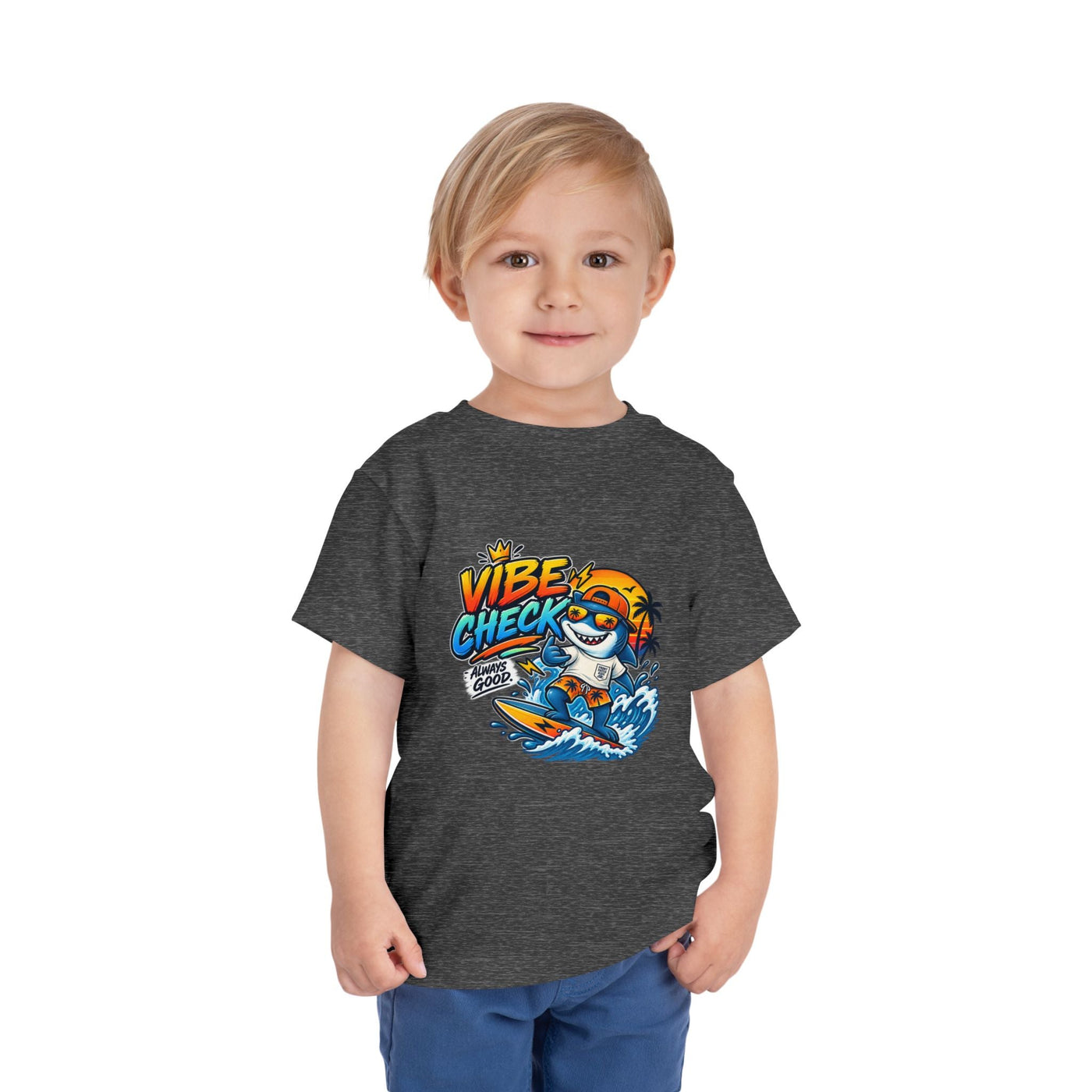 Vibe Check Surfing Shark Toddler Tee - Front Patch Kids Co.