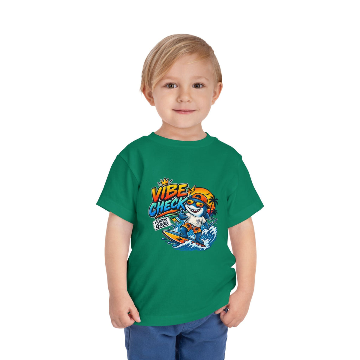 Vibe Check Surfing Shark Toddler Tee - Front Patch Kids Co.