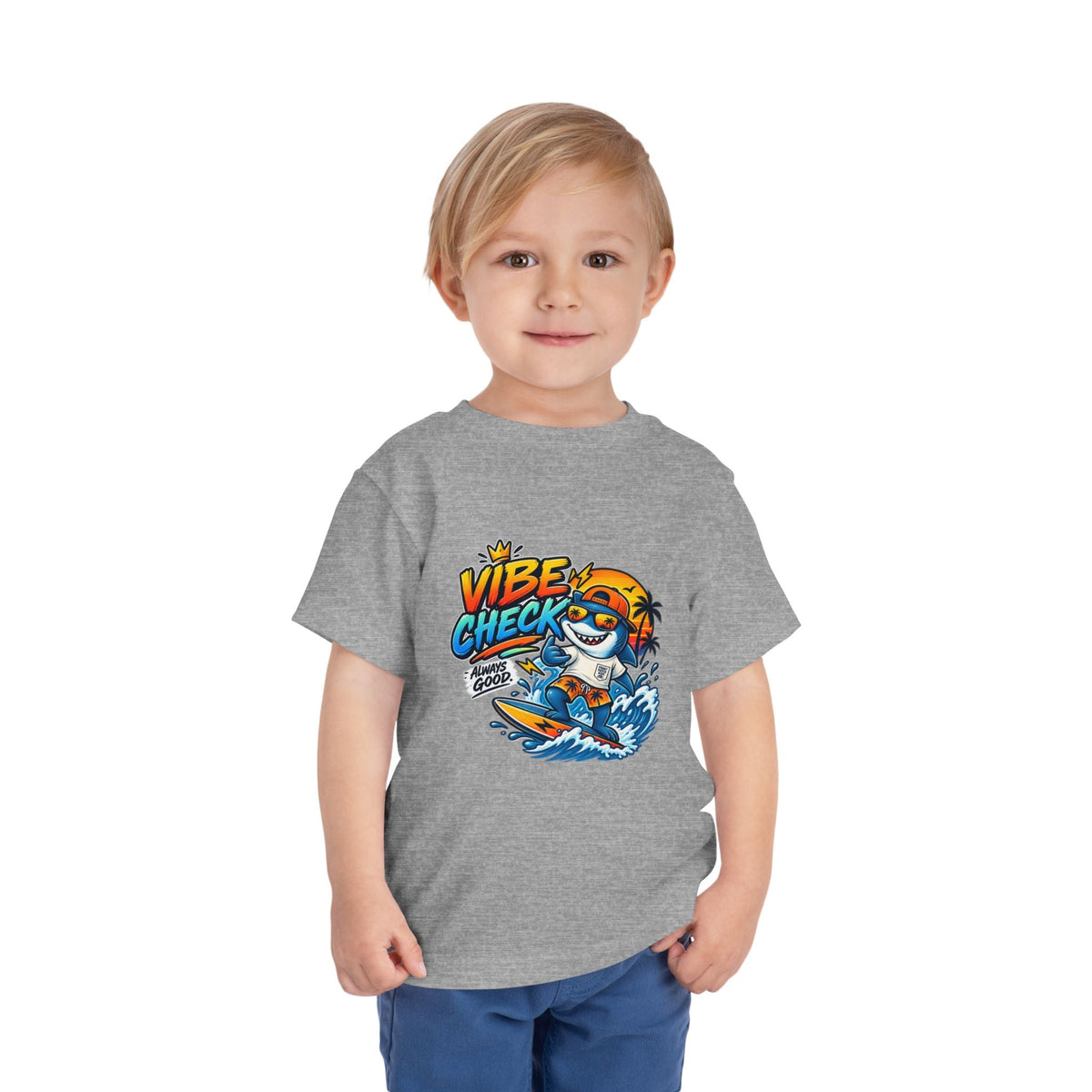 Vibe Check Surfing Shark Toddler Tee - Front Patch Kids Co.
